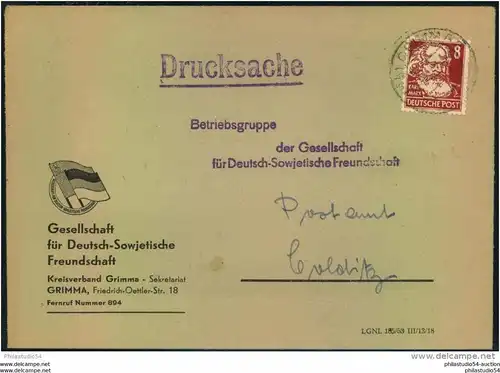 1950, Drucksache 8 Pfg. Köpfe I "Gesellschaft für Deutsch-Sowjetische Freundschaft" ab GRIMMA