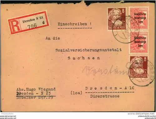 1949,  Orts-Einschreiben DRESDEN N 23, Köpfe I, Arbeiter Maschinenaufdruck