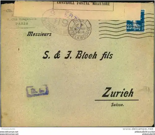 1916, Censure, censor, Zensur - lettre par Paris de Zürich