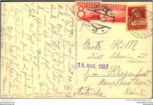 1927, Postkarte aus der Schweiz Postlagergebühr mit 8 und 2 Groschen Portomarken