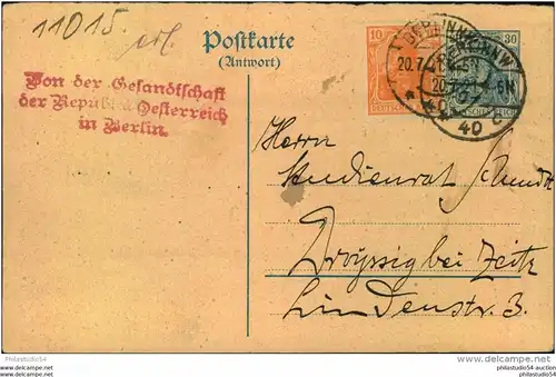 1921, Antwortkarte "Von der Gesandtschaft der Republik Oesterreich in Berlin" - Konsulatspost