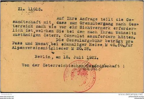 1921, Antwortkarte "Von der Gesandtschaft der Republik Oesterreich in Berlin" - Konsulatspost