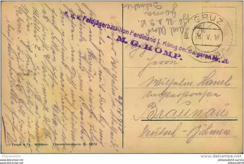 1918: Feldpostkarte aus GRUZ, "K.u.K. Feldjägerbataillon Ferdinand I. König der Bulgaren"