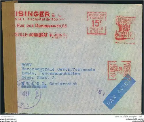 1952, 18.15, 5 F meter marks letter from MARSEILLE to Vienna, Austria, Censure, censor, Zensur