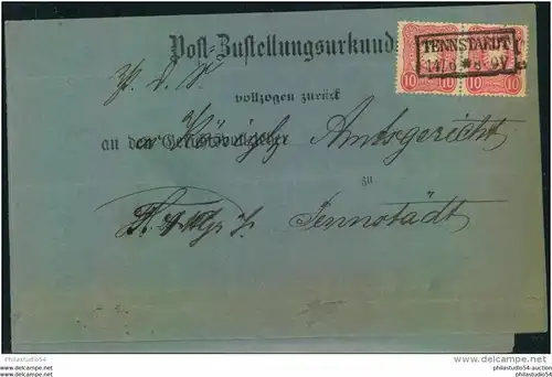 1889, Post-Zustellungsurkunde von TENNSTAEDT mit Paar 10 Pfg.