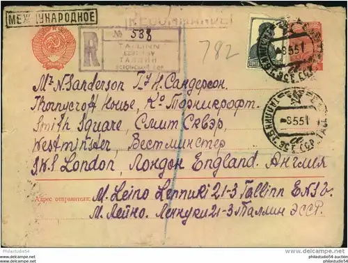 1951, 1 Rub. entire with additional 10 Kop. worker registered from TALLINN to England