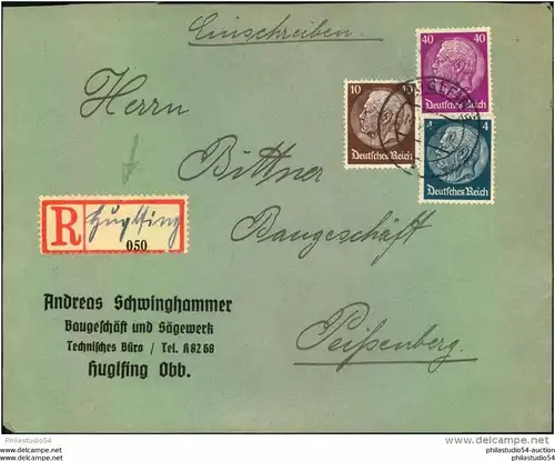 1935, Einschreiben ab HUGLFING, handschriftlicher R-Zettel