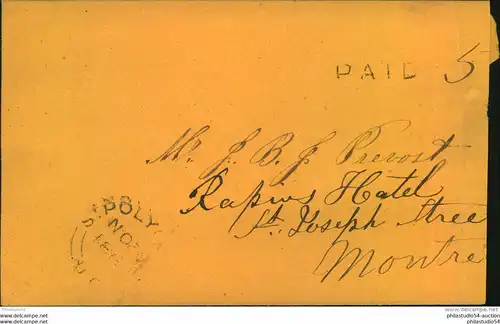 1866, envelope sent from ST. POLYCARPE via Coteau Station addressed to Montreal. ""PAID 3"" mark, Envelope a little shor