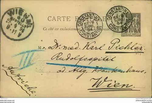 1894, 10 Cent. postcard from CONSTANTINE to Vienna.