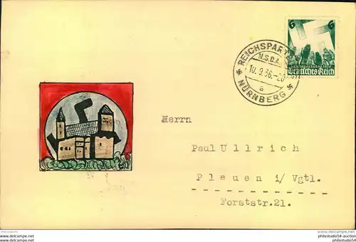 1936, Reichsparteitag Karte mit Handzeichnung der Burg vor dem Hakenkreuz. Frankiert mit 6 Pfg. und Sonderstempel.