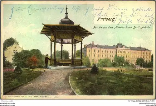 FREIBERG 1901, Heliocolorkarte von Ottmar Zieher, Albertpark mit Justizgebäude, Bahnpoststempel, Zug 1252,  =204194=