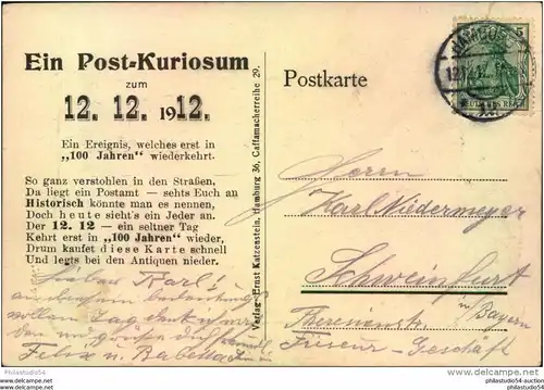 HAMBURG 121212. , Post-Kuriosum zum 12.12. 1912, Verlag Ernst Katzenstein, Postamt 12 Hamburg       =204185=