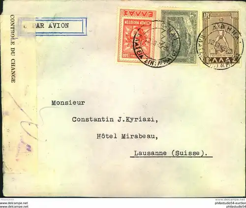 1949, Luftpostbrief ab ATHEN nach Lausanne mit griechischer Devisenzensur.