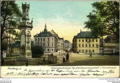 FREIBERG 1906, Schwedendenkmal Kgl. Amtshauptmannschaft u. Petersstr., Heliocolorkarte v. Ottmar Zieher, Bahnpoststpl.