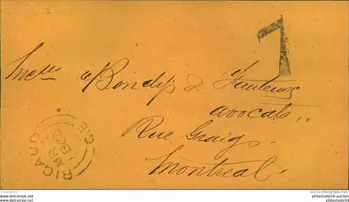 1865, letter from RICAUD with tax ""7"" to Montreal.