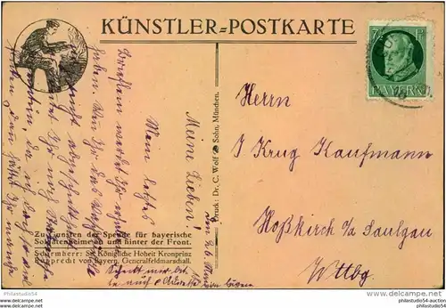 A. JANK, Künstler-Postkarte, zu Gunsten der Spende für bayrische Soldatenheime, Schirmherr: Kronprinz Rupprecht