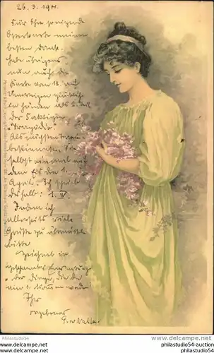 Junge Frau mit Blumen, gelaufen 1901