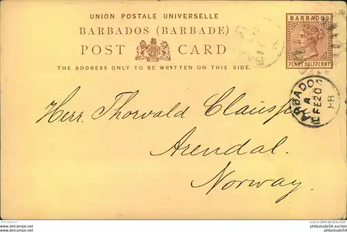 1888, incoming mail, stationery card sent from BARBADOS to Arendal. Corner crease on the upper right. Rare destination.