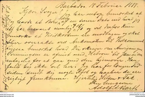 1888, incoming mail, stationery card sent from BARBADOS to Arendal. Corner crease on the upper right. Rare destination.