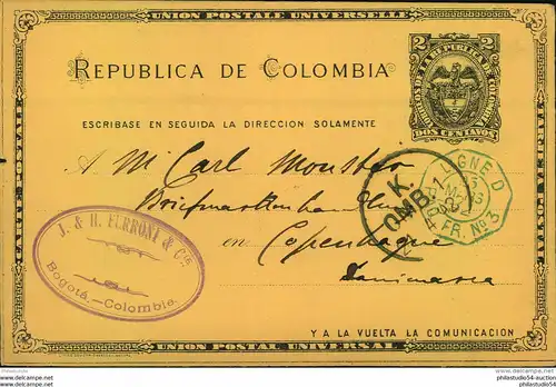 1892, incoming mail from Columbia, 2 Centavos stationery card with BARANQUILLA TRANSITO on back sent to Copenhagen, Denm