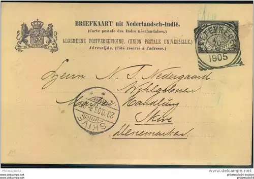 1905, incoming mail - stationery card from WELTEVREDEN, NETHERLANDS INDIE to Skive, Danmark