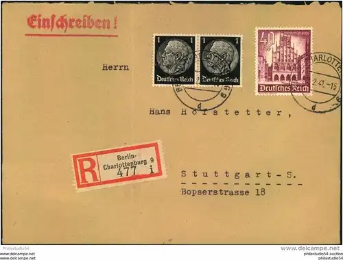 1941, Einschreiben ab BERLN-CHARLOTTENBURG 9 mit 40 Pfg. WHW