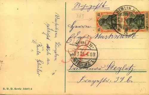 1920, 25 Pfg. Germania Krigsdruck im senkrechten Paar auf Rohrpostkarte "BERLIN NW 5" nach Stegitz