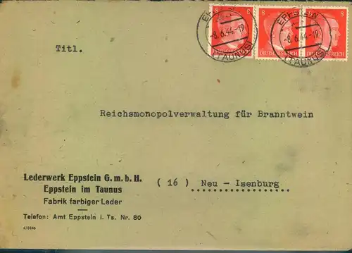1944, 3-mal 8 Pfg. Hitler als seltene MeF für Doppelbrief ab EPPSTEIN (TAUNUS)