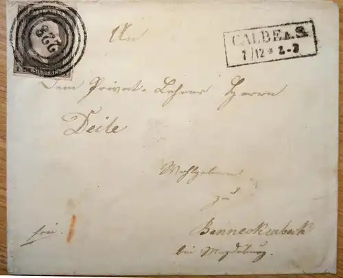 1851, Umschlag mit 1 Sgr., klarer Nummernstempel "228" mit Ra2 "CALBE 1/12"