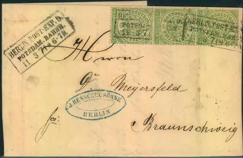 1871, 1/3 Groschen, senkrechter 3-er-Streifen auf Brief mit besserem Ra3 "BERLIN POST EXP. 9 POTSDAM. BAHNH."
