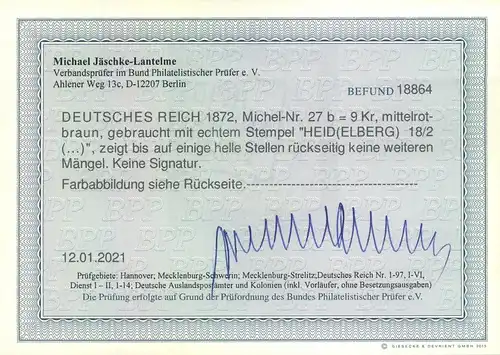 1872, 9 Kreuzer mittelrotbraun (27 b), gestempelt. Befund Jäschke-Lantelme BPP