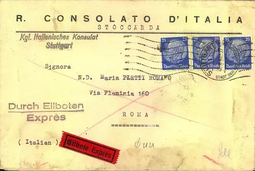 1940, express letter sent from Italian Embassy in Stuttgart with 25 Pfg. Hindenburg (3) multiple