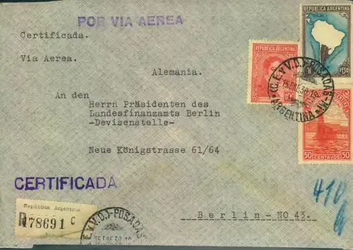 1938, INCOMING: Einschreiben, Absender "Deutscher Konsul in Posadas, Argentinien" nach Berlin an die Devisenstelle