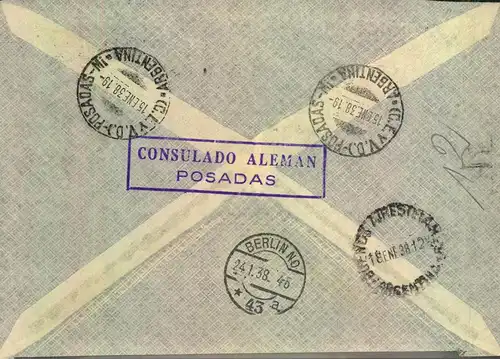 1938, INCOMING: Einschreiben, Absender "Deutscher Konsul in Posadas, Argentinien" nach Berlin an die Devisenstelle