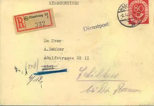 1953, 80 Pfg. Posthor auf Dienstpost-R-Brief, Absender Niederländischer Generalkonsul in Hamburg