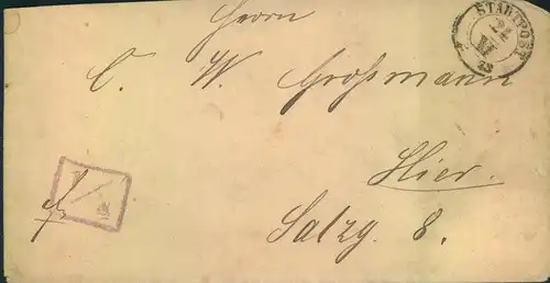 1873, Ortsbrief DRESDEN zum moderierten Ortsporto 1/4 Groschen m: Portostempel "1/4" u. schwarzen "STADTPOST" K2