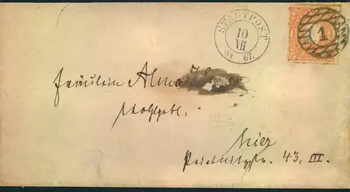 1867, Ortsbrief mit 1/2 Ngr Wappen entertet m. Nummernstempel "1", violetter STADTPOST" K2 nebengesetzt