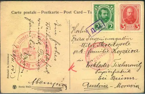 1916 (ca), Kriegsgefangenenkarte über Rotes Kreuz nach Mähren. Zwei verschiedene Zensuren