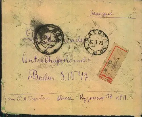 1923, Einschreiben ab ODESSA mit 15-er-Block 40 Rub. Überdruck an das Hilfskomite in Berlin
