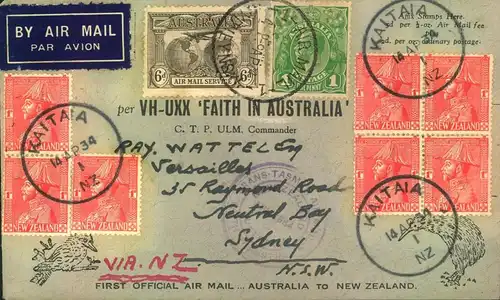 1934, airmail per "VH-UKK "FAITH IN AUSTRALIA" from Sydney with arrival AUCKLAND. Back with New Zealand franking from KA