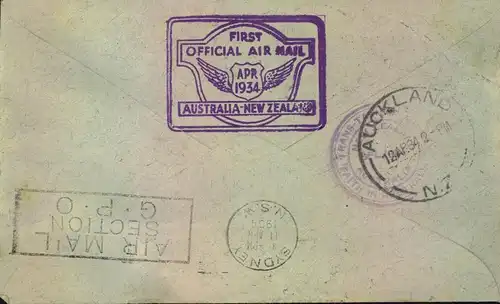 1934, airmail per "VH-UKK "FAITH IN AUSTRALIA" from Sydney with arrival AUCKLAND. Back with New Zealand franking from KA