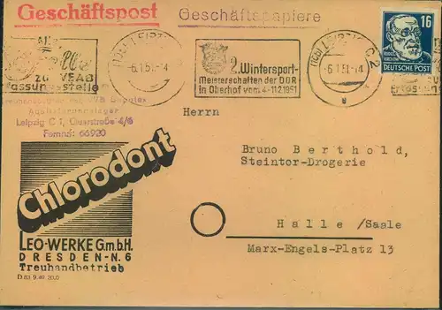 1951, Geschäftspapiere 16Pfg. Virchow ab (10b) LEIPZIG C 2, Werbung "CHLORODONT"