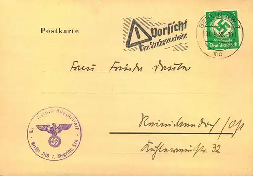 1938, Ortskarte mit 5 Pfg. Behörden-Dienstmarke "BERLIN NW 7", seltene Einzelfrankatur