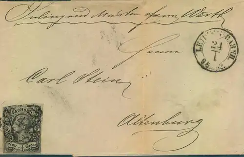 1862, 1 Ngr. Johann mit Nummernstempel "4" und K2 "LEIPZIG II BAHN", Muster ohen Wert nach Altenburg