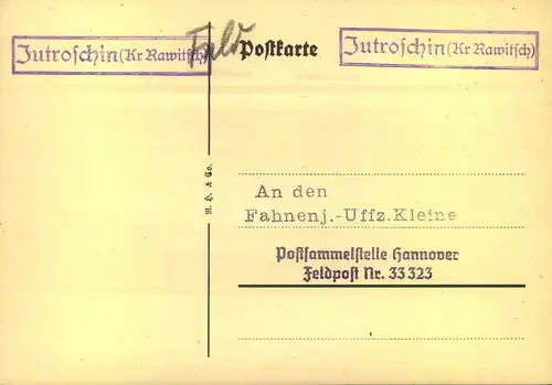 1939, Feldpostkarte mi Notstempel "Introschin (Kr. Rawitsch)