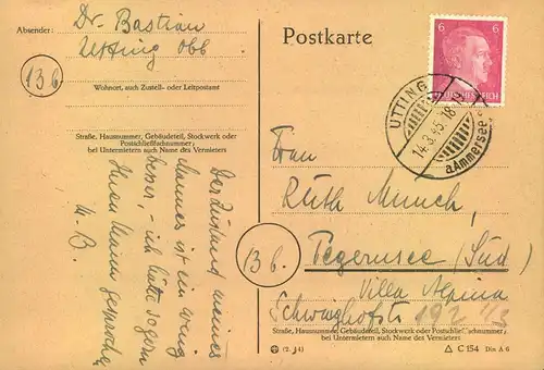 1945, SPÄTE POST: Bedarfskarte von "UTTING a. Ammersee 14.3.45"