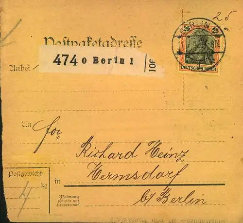 1912, Paketkartenstammteil mit EF 25 Pfg. Germania ab BERLIN 1