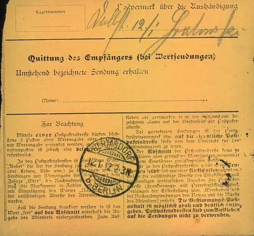 1912, Paketkartenstammteil mit EF 25 Pfg. Germania ab BERLIN 1