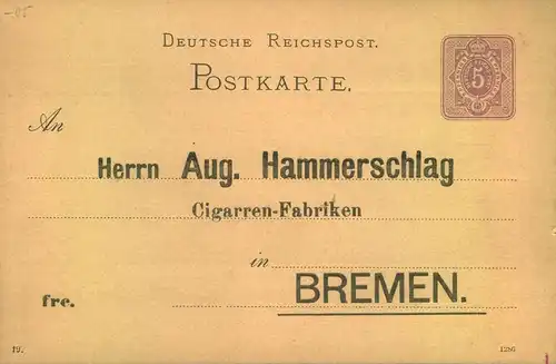 1885/1905 (ca.), Ganzsachenkarten Cigarrenbestellung, "Hammerschlag, Bremen", Tabak, tobacco