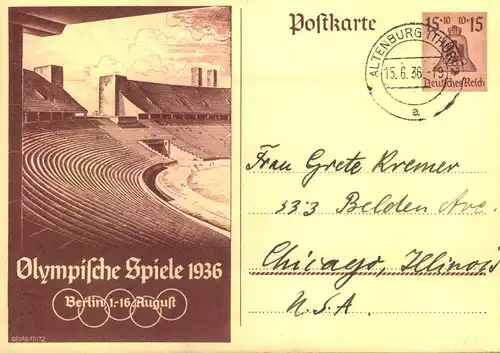 1939, 15 Pfg. Olympia-Ganzachenkarte für Berlin ab "ALTENBURG 15.6.36" (ERSTTAG!) nach USA